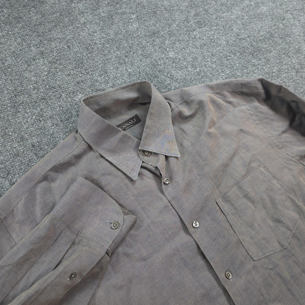 Canali Shirt Mens XL Gray Cotton Linen Blend Dress Long Sleeve Italy Designer